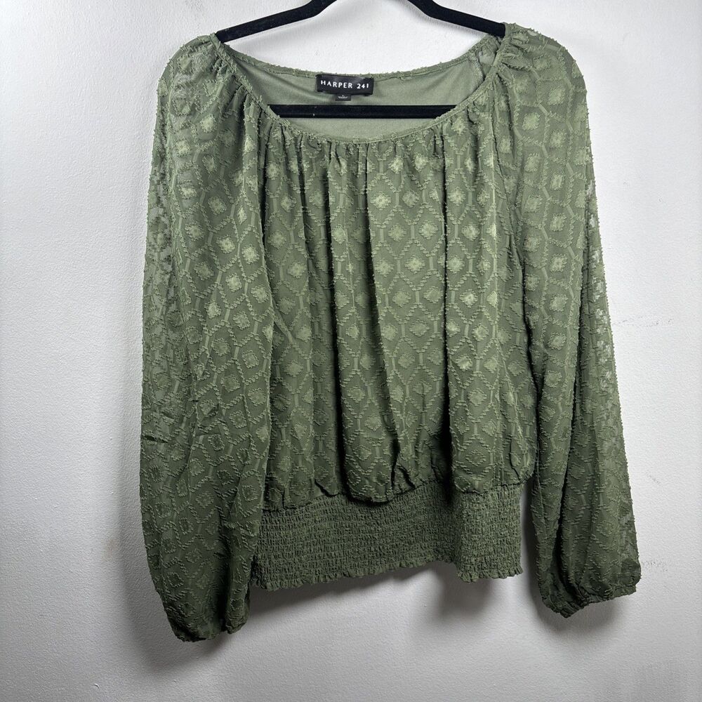 Harper 241 Women L Sage Green Boho Peasant Blouse Smocked Textured Cottagecore